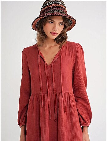 Robe mi-longue ample à col en v et fermeture à nouer mixray