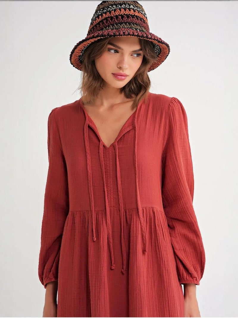Robe mi-longue ample à col en v et fermeture à nouer mixray Rouge foncé - Kiabi
