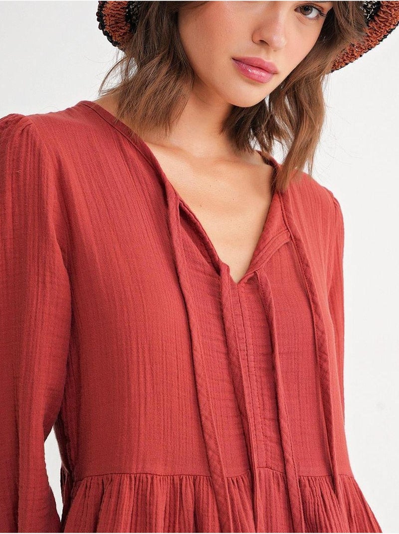 Robe mi-longue ample à col en v et fermeture à nouer mixray Rouge foncé - Kiabi