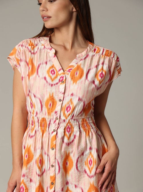 Robe mi-longue avec motif ethnique et manches chauve-souris en viscose  'Deeluxe' - Kiabi