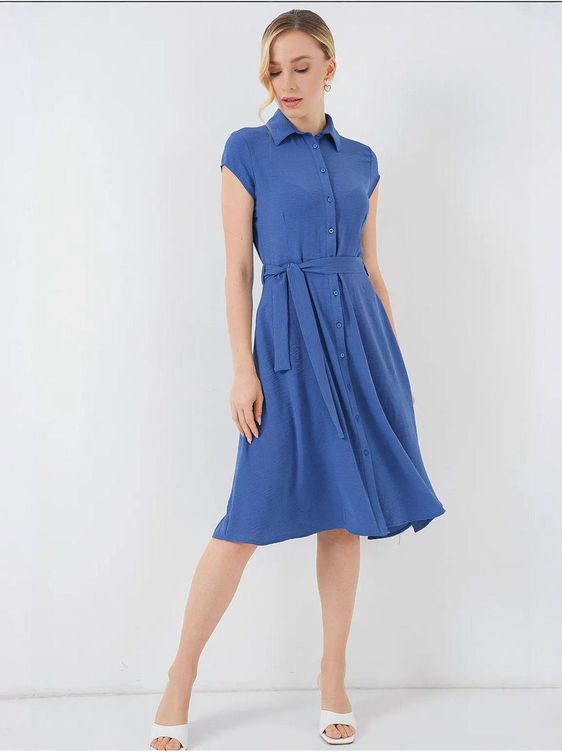 Robe mi-longue boutonnée à col chemise et coupe a avec détails de reliure bdart Bleu lagon - Kiabi