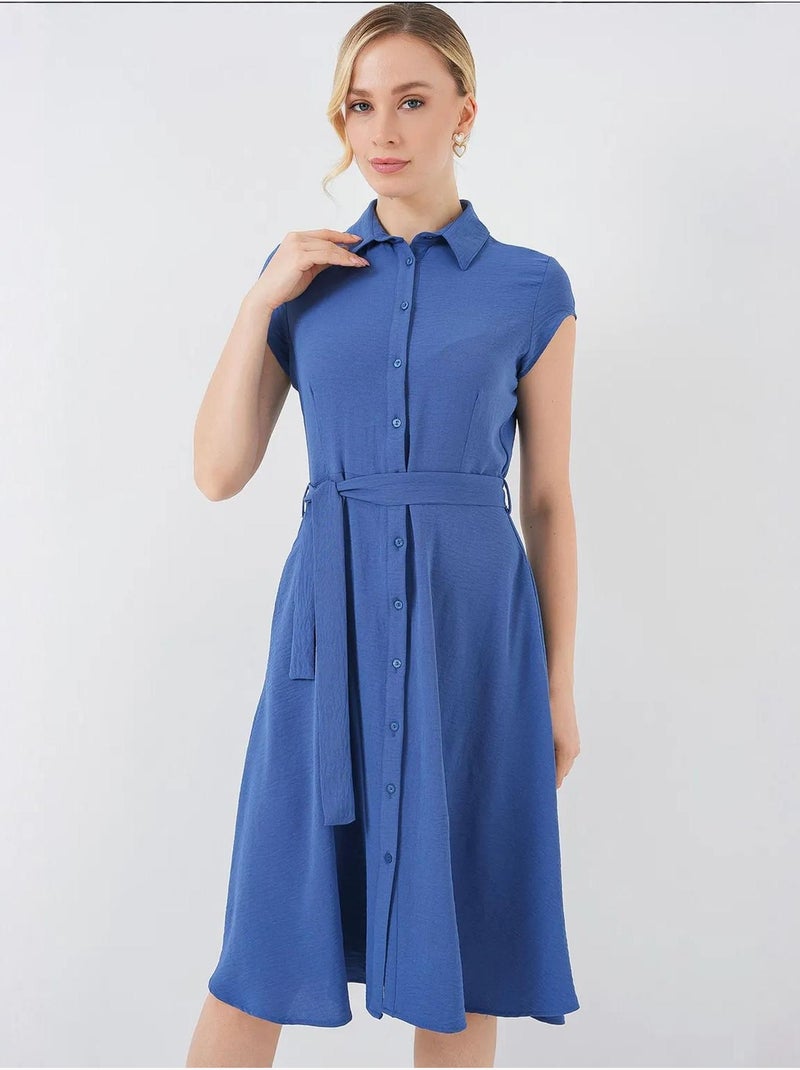 Robe mi-longue boutonnée à col chemise et coupe a avec détails de reliure bdart Bleu lagon - Kiabi