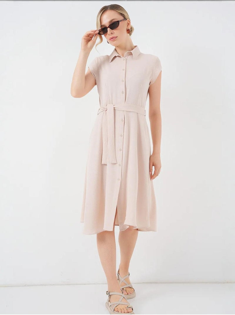 Robe mi-longue boutonnée à col chemise et coupe a avec détails de reliure bdart Crème - Kiabi