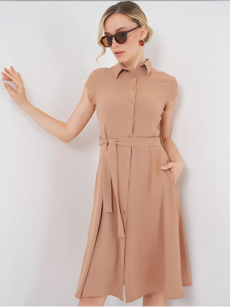 Robe mi-longue boutonnée à col chemise et coupe a avec détails de reliure bdart Marron clair - Kiabi