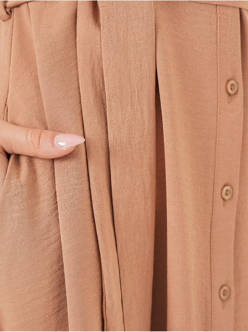 Robe mi-longue boutonnée à col chemise et coupe a avec détails de reliure bdart Marron clair - Kiabi