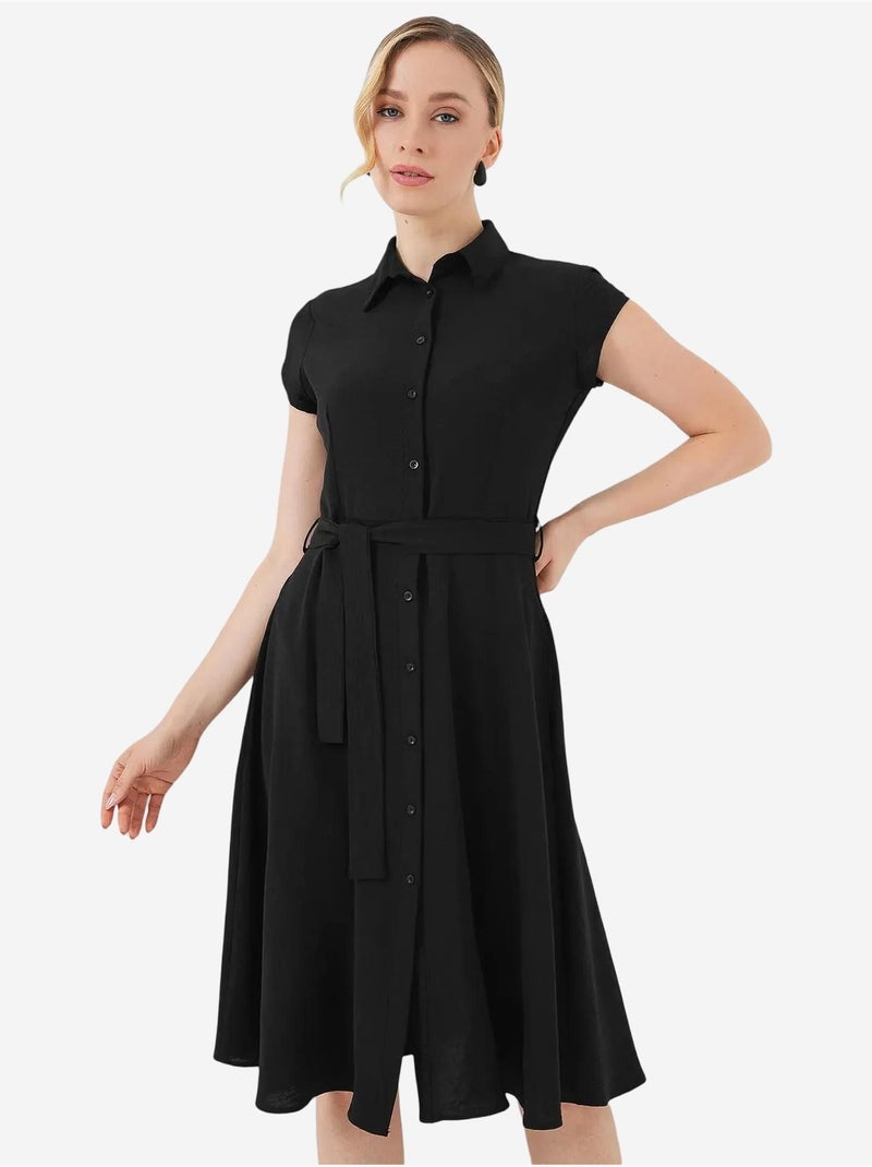 Robe mi-longue boutonnée à col chemise et coupe a avec détails de reliure bdart Noir - Kiabi