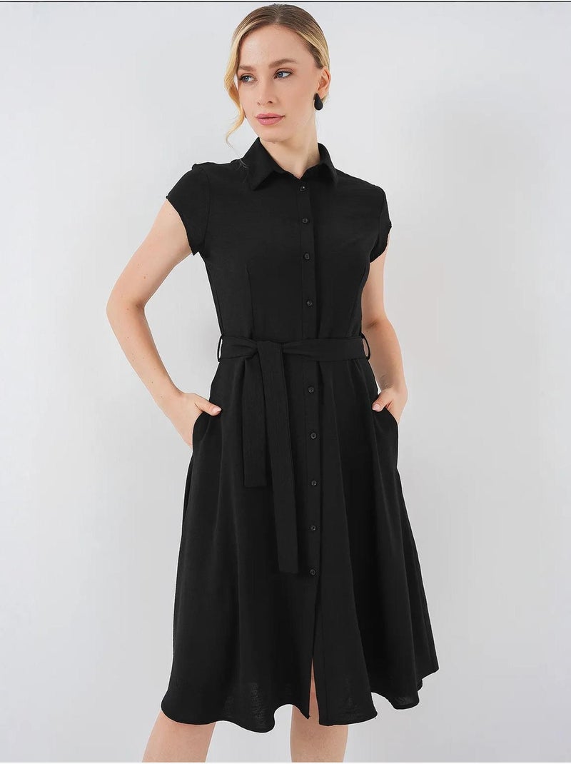 Robe mi-longue boutonnée à col chemise et coupe a avec détails de reliure bdart Noir - Kiabi
