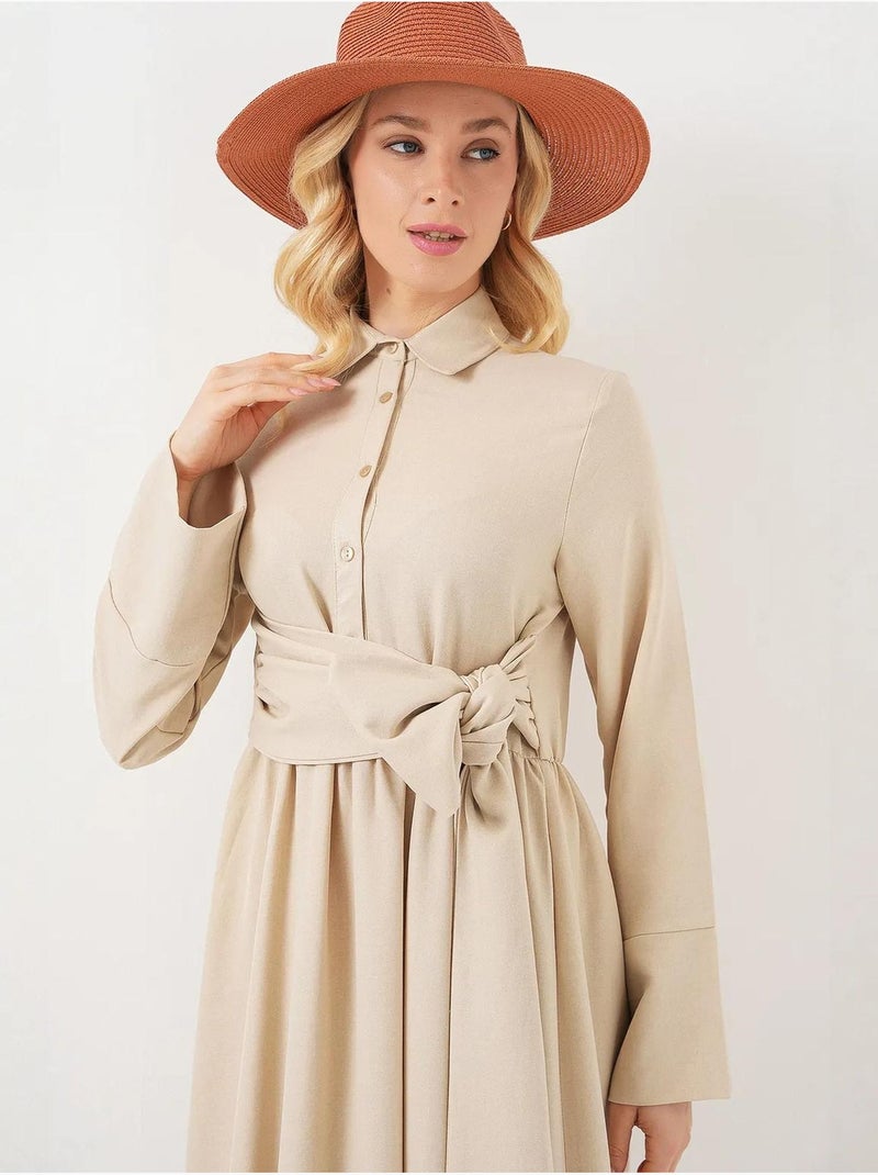 Robe mi-longue boutonnée à manches longues et col chemise bdart Beige argile - Kiabi