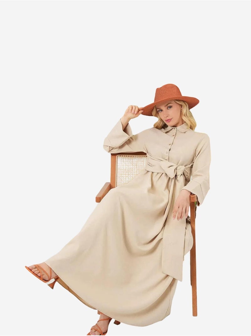 Robe mi-longue boutonnée à manches longues et col chemise bdart Beige argile - Kiabi