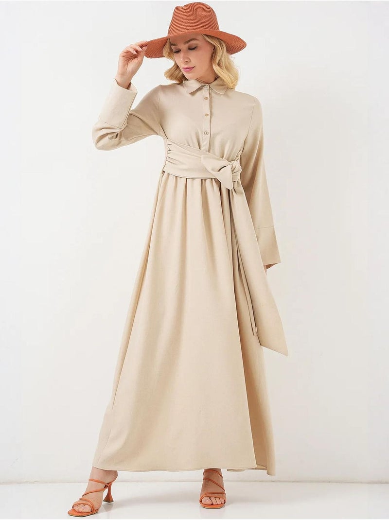 Robe mi-longue boutonnée à manches longues et col chemise bdart Beige argile - Kiabi
