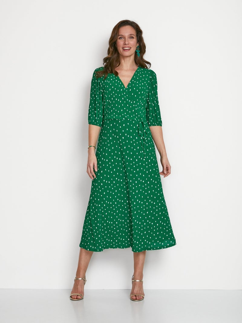 Robe mi longue cache-coeur pois Blanc Vert Blanc - Kiabi