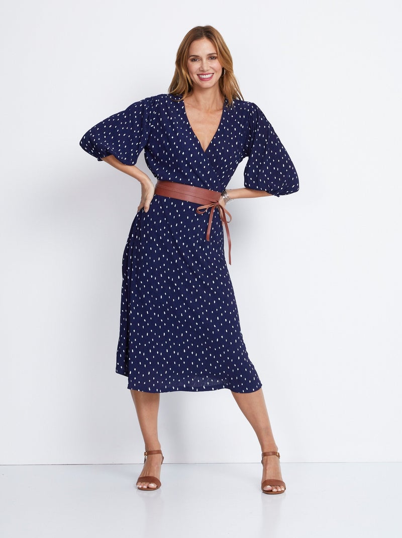Robe mi longue cache-coeur pois Bleu Femme Kiabi
