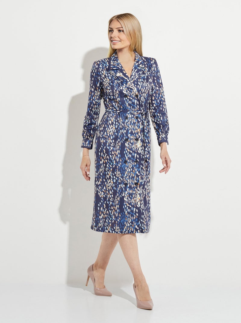 Robe mi longue col tailleur double boutonnage Bleu Beige - Kiabi