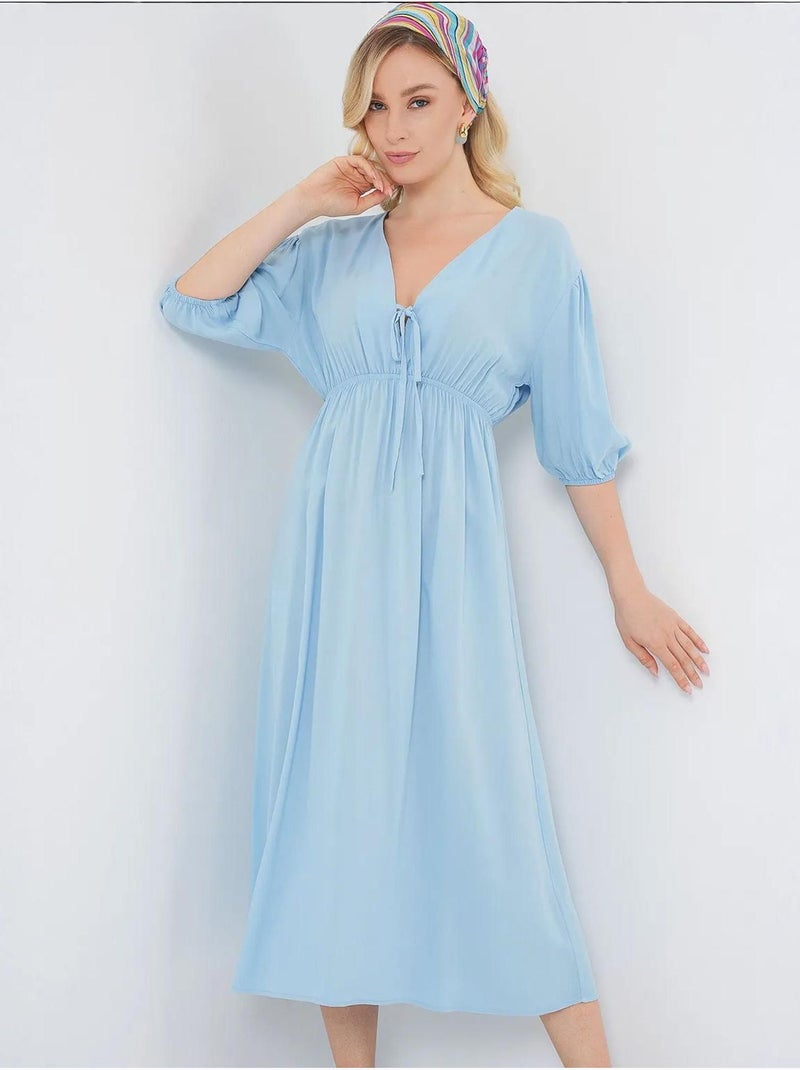 Robe mi-longue coupe a avec col en v et détails de reliure bdart Bleu clair - Kiabi