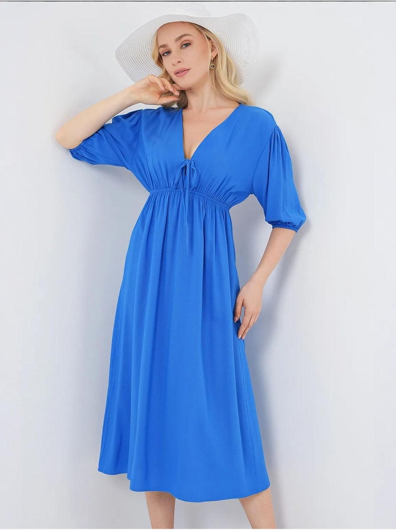 Robe mi-longue coupe a avec col en v et détails de reliure bdart Bleu électrique - Kiabi