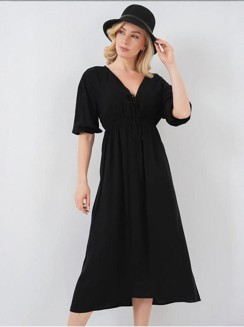 Robe mi-longue coupe a avec col en v et détails de reliure bdart Noir - Kiabi