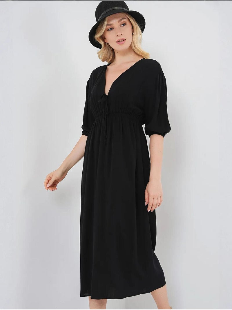 Robe mi-longue coupe a avec col en v et détails de reliure bdart Noir - Kiabi