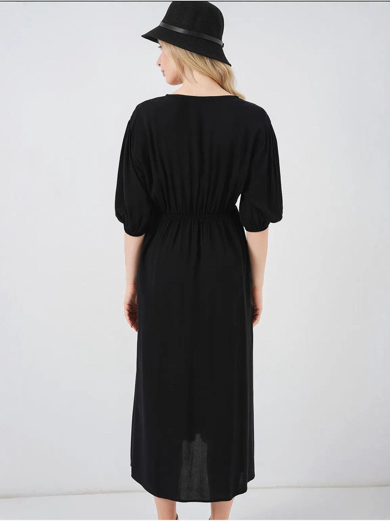 Robe mi-longue coupe a avec col en v et détails de reliure bdart Noir - Kiabi