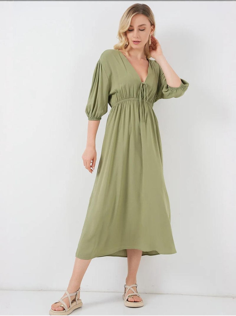 Robe mi-longue coupe a avec col en v et détails de reliure bdart Vert foncé - Kiabi