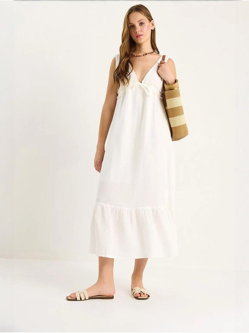 Robe mi-longue coupe a avec col en v et détails de reliure lucci Blanc - Kiabi