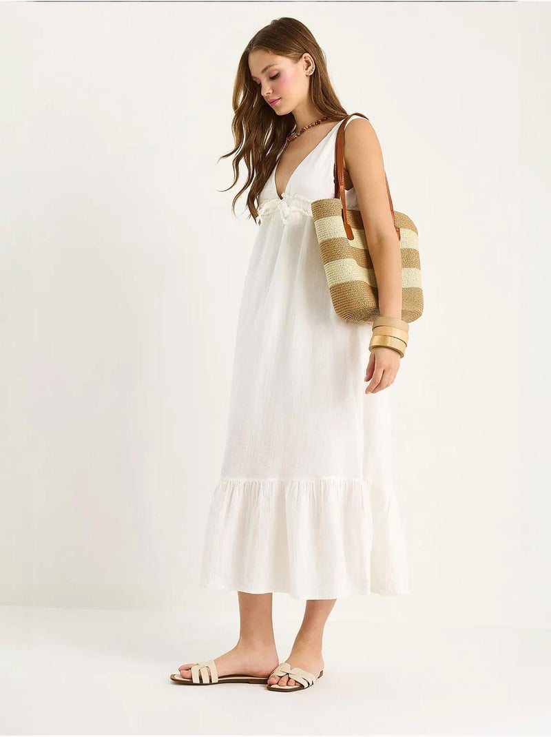 Robe mi-longue coupe a avec col en v et détails de reliure lucci Blanc - Kiabi