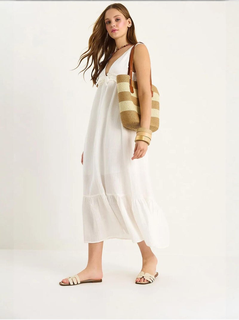 Robe mi-longue coupe a avec col en v et détails de reliure lucci Blanc - Kiabi