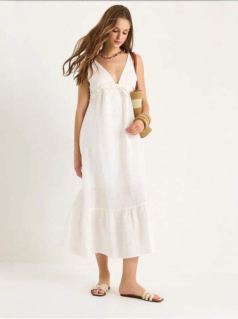 Robe mi-longue coupe a avec col en v et détails de reliure lucci Blanc - Kiabi
