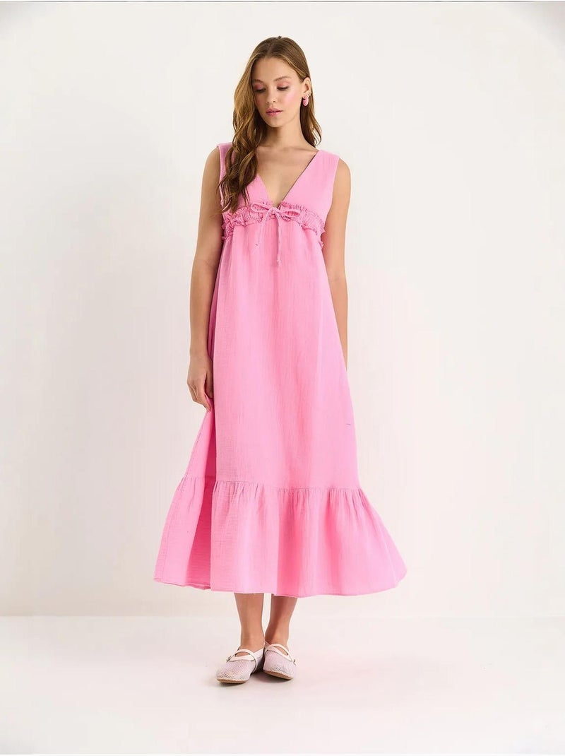 Robe mi-longue coupe a avec col en v et détails de reliure lucci Rose fluo/Solinotes - Kiabi