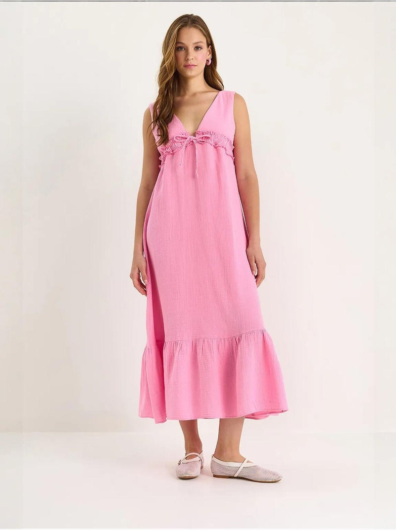 Robe mi-longue coupe a avec col en v et détails de reliure lucci Rose fluo/Solinotes - Kiabi