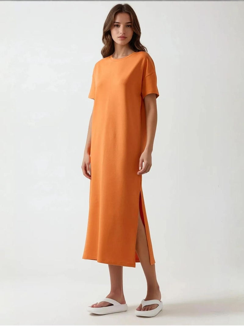 Robe mi-longue coupe décontractée à col ras du cou Orange clair - Kiabi