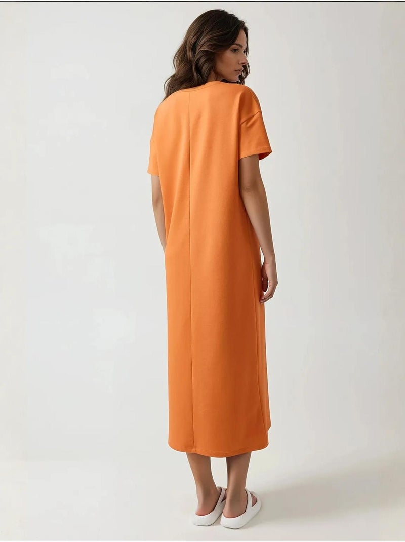 Robe mi-longue coupe décontractée à col ras du cou Orange clair - Kiabi