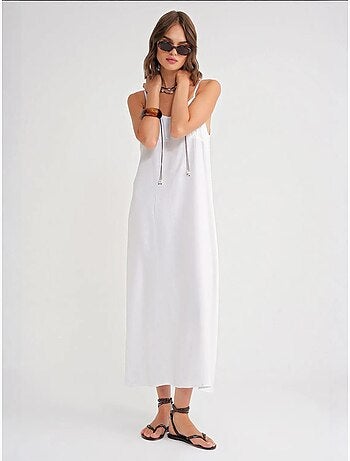 Robe mi-longue décontractée avec col carré et détails à volants mixray