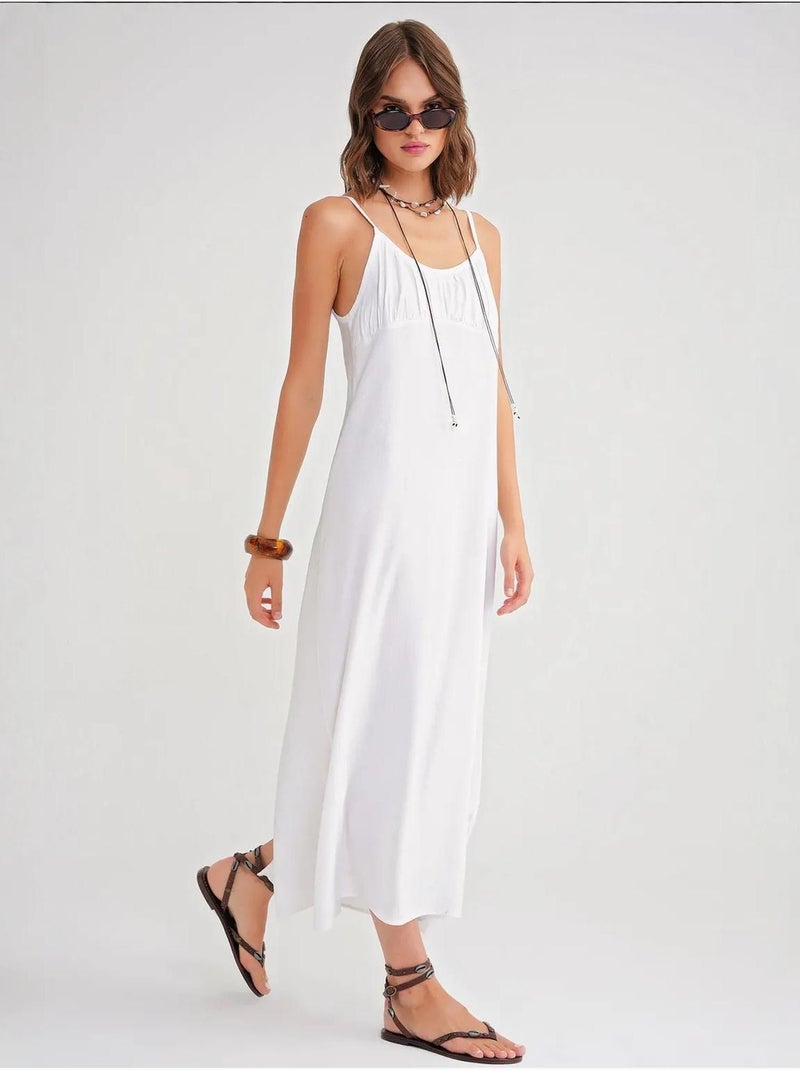 Robe mi-longue décontractée avec col carré et détails à volants mixray Blanc - Kiabi