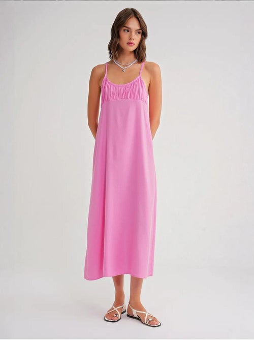 Robe mi-longue décontractée avec col carré et détails à volants mixray - Kiabi