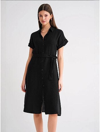Robe mi-longue décontractée avec col chemise et fermeture à boutons mixray