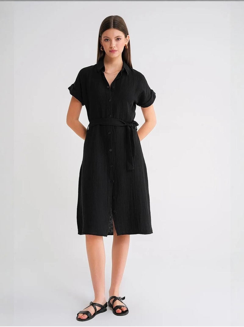 Robe mi-longue décontractée avec col chemise et fermeture à boutons mixray Noir - Kiabi