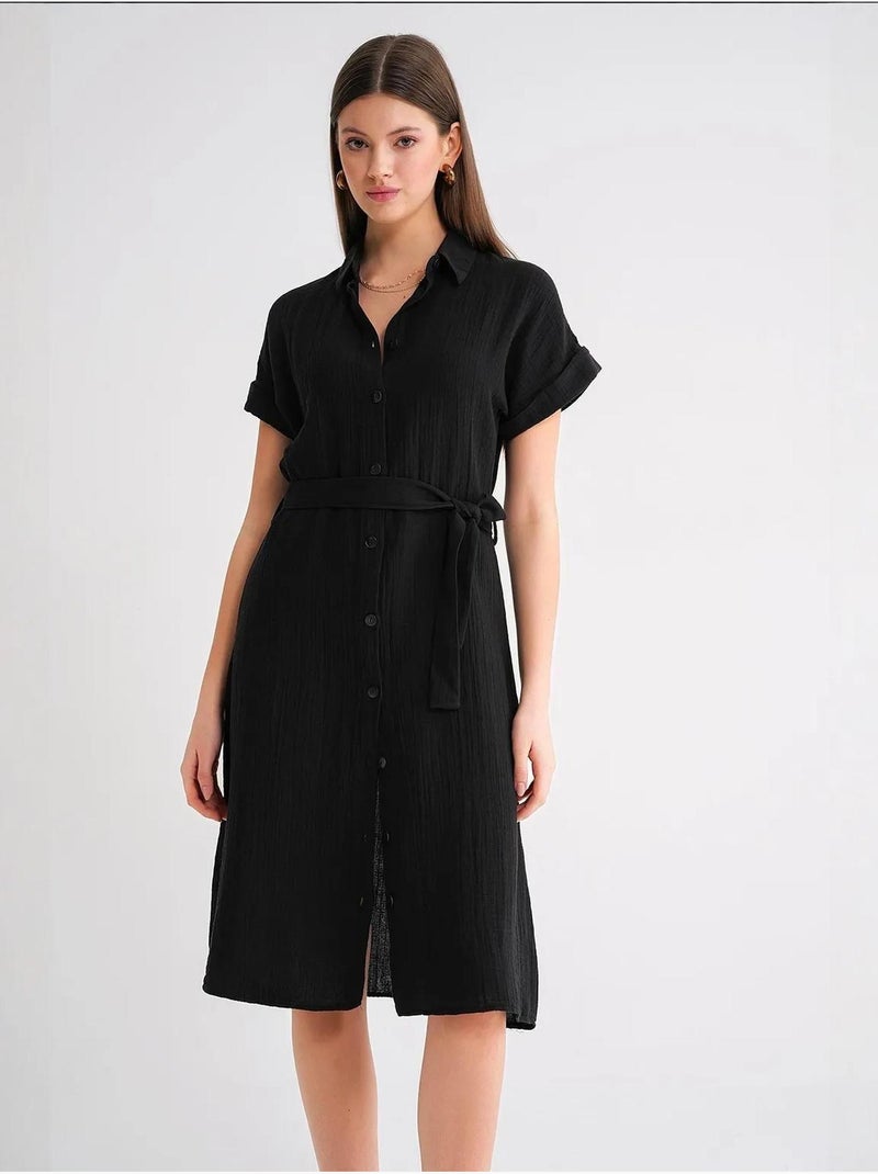 Robe mi-longue décontractée avec col chemise et fermeture à boutons mixray Noir - Kiabi