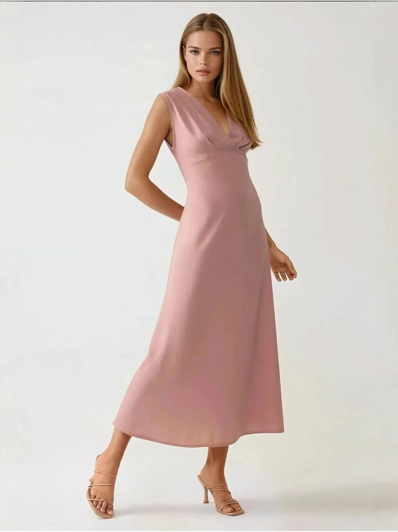 Robe mi-longue douce au toucher et col en V Rose dragée - Kiabi