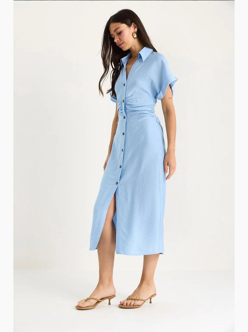 Robe mi-longue drapée sur les côtés avec col en v lucci Bleu ciel - Kiabi