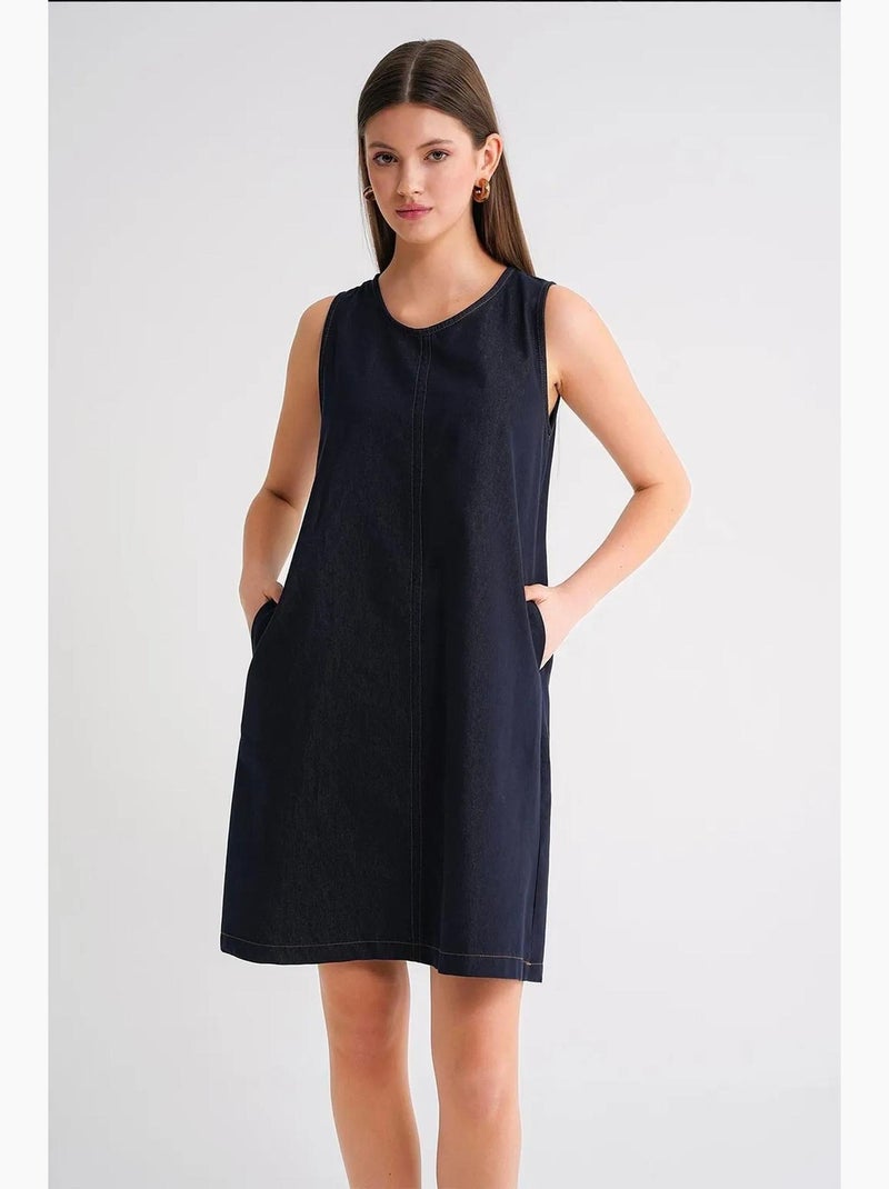 Robe mi-longue en coton à col ras du cou et poches mixray Bleu marine - Kiabi