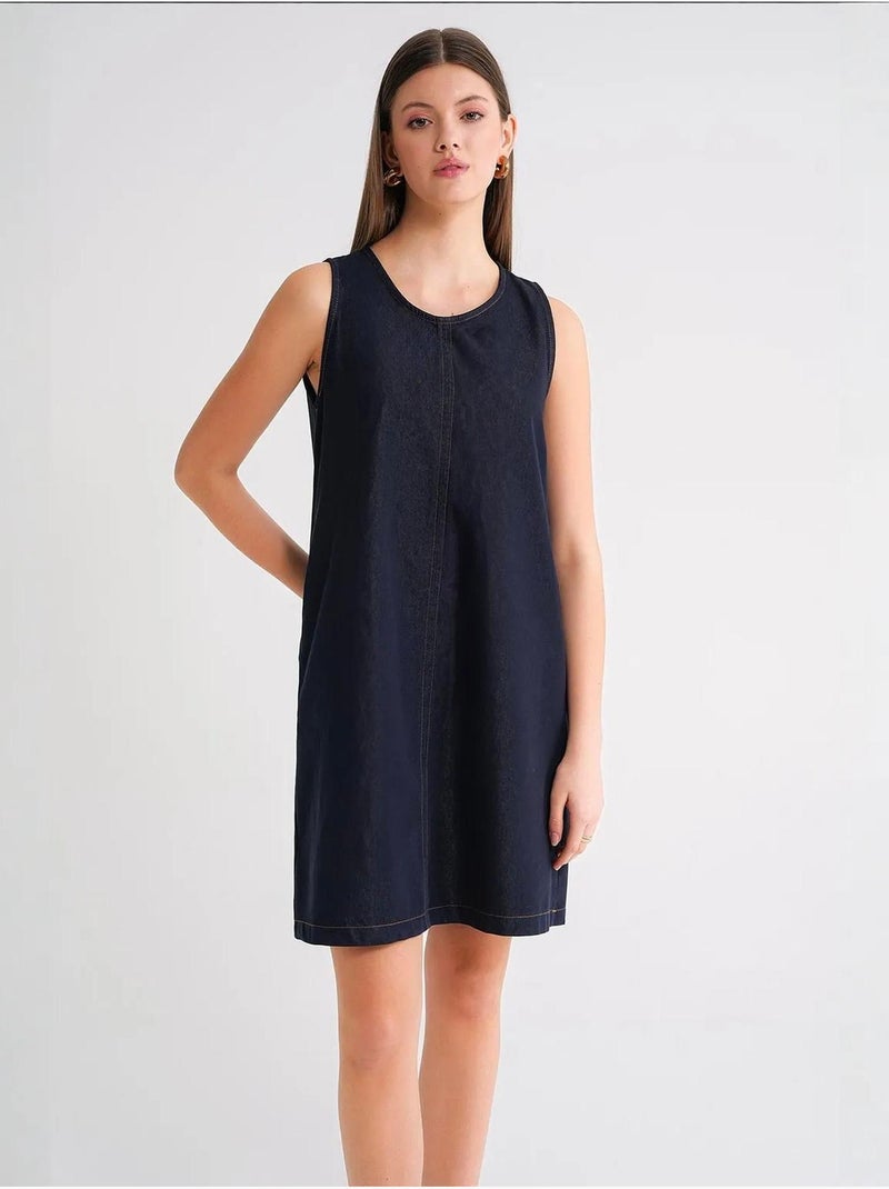 Robe mi-longue en coton à col ras du cou et poches mixray Bleu marine - Kiabi