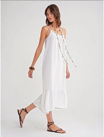 Robe mi-longue en coton avec détails à volants mixray