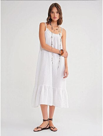 Robe mi-longue en coton avec détails à volants mixray