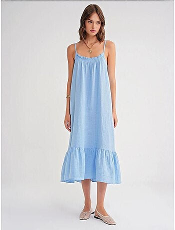 Robe mi-longue en coton avec détails à volants mixray
