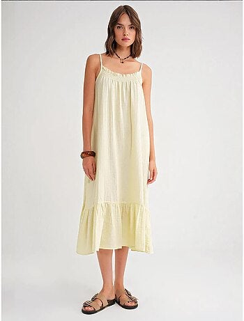 Robe mi-longue en coton avec détails à volants mixray