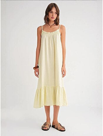 Robe mi-longue en coton avec détails à volants mixray