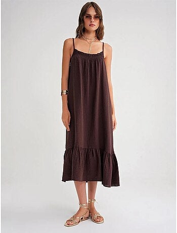 Robe mi-longue en coton avec détails à volants mixray