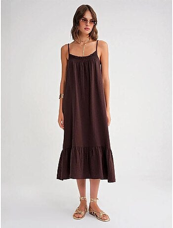 Robe mi-longue en coton avec détails à volants mixray