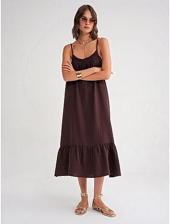 Robe mi-longue en coton avec détails à volants mixray
