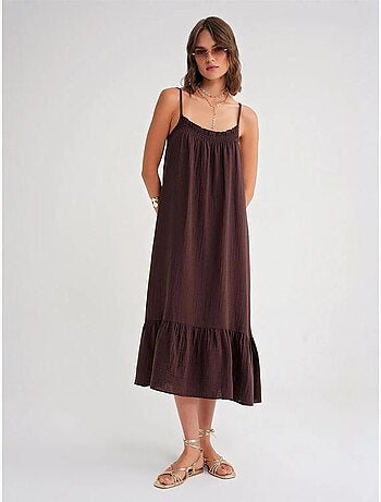 Robe mi-longue en coton avec détails à volants mixray